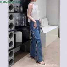 Calça Jeans larga de cintura alta com aparência mais fina e lavada com fenda de flores desgastadas