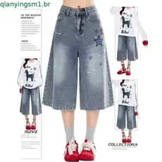 Calça Jeans reta desgastada, calça média feminina, cintura alta, estampa estrela, solta, perna larga, cortada, masculina