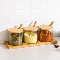 Jogo Conjunto 3 Potes de Vidro Boro com Colher Tampa e Suporte em Bambu 300ml Elegante e Moderno