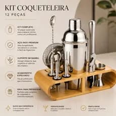 Kit Bar Coqueteleira Inox 12 Peças 550ml com Suporte de Bambu Profissional para Drinks Caipirinha Cocktails Barman
