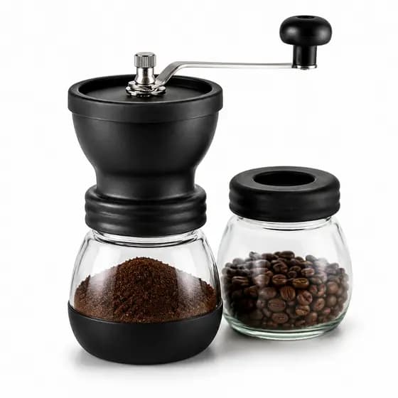 Moedor Manual para Grãos de Café com Moinho de Cerâmica Ajustável Manivela em Aço Inox Recipiente de Vidro