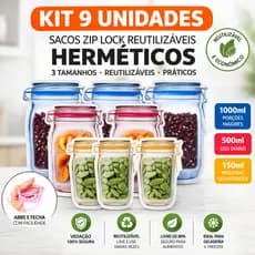 Kit 9 Sacos Zip Lock Reutilizável Hermético Desenho Pote | Vários Tamanhos | Organizador Cozinha Freezer
