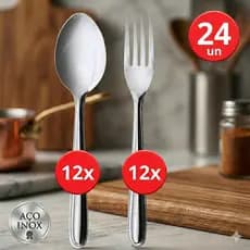Kit 24 talheres de mesa inox Garfo e colher grande ideal para restaurante casa bar eventos