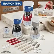 Jogo Kit Talheres Tramontina Leme 20 Peças Original Aço Inox Premium Resistente Cozinha Cabo Vermelho/Cinza/Preto