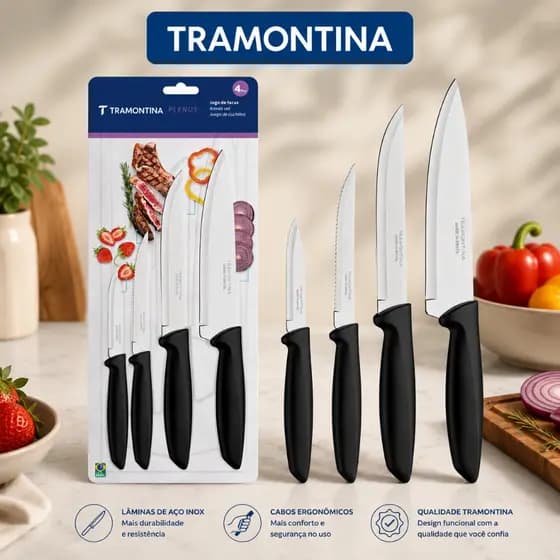 Jogo de Facas Tramontina Plenus com Lâminas em Aço Inox e Cabos de Polipropileno Preto 04 Peças