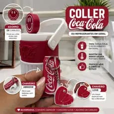 Mini Cooler Coca Cola Suporte Latas com Chaveiro Abridor, Chaveiro Love e Adorno para Canudo | Porta Refrigerante
