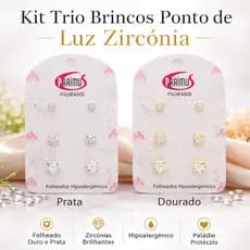 Kit Trio Brincos Ponto de Luz Zircônia Folheado Ouro Prata Paládio Hipoalergênico (Prata e Dourado)