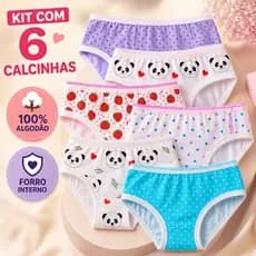 Kit 6 Calcinhas Infantil Feminina 100% Algodão Macias