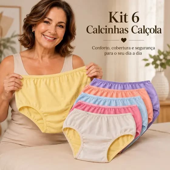 Kit 6 Calcinha Calçola Feminina Senhora Idosa 100% Algodão Cotton Confortável Respirável Básica