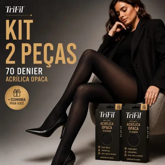 Kit 2 Meia Calça Trifil Fio 70 Acrílica Opaca Preta Inverno