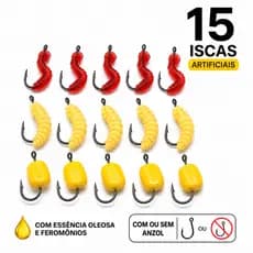 KIT 15 ISCAS ARTIFICIAIS COM ESSÊNCIA E FEROMÔNIOS  Minhoca Bichinho e Milho Com ou Sem Anzol Entrega Rápida