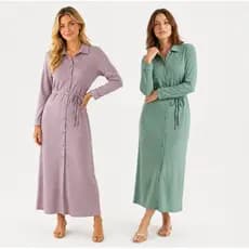 Vestido Chemise Moderno Longo Feminino Adulto Gola Polo Manga Longa Casual Confortável