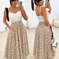 Saia Longa Floral Feminina Cintura Alta com Fendas Laterais Estilo Casual Elegante