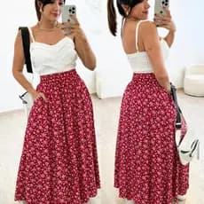 🌿 Mia Saia Longa Floral Estampada Cintura Alta com Fenda Lateral – Modelo Tipo A com Caimento Leve