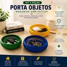 Kit 3 Porta Objetos Organizador Multiuso Decorativo Verde Azul Amarelo Mesa Escritório Moderno Casa
