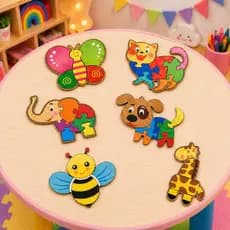 Kit 6 Quebra Cabeças Educativos Infantis MDF Brinquedo Pedagógico Borboleta Gato Elefante Cachorro abelha e girafa