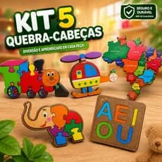 Kit 5 Quebra Cabeça Encaixe Infantil MDF Brinquedo Pedagógico Educativo. Trem helicóptero Brasil, A E I O U e elefante
