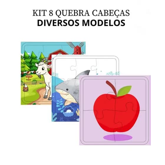 Kit 8 Quebra Cabeças Infantil Educativo Em MDF 4 Peças Fazenda Fundo do Mar Frutas