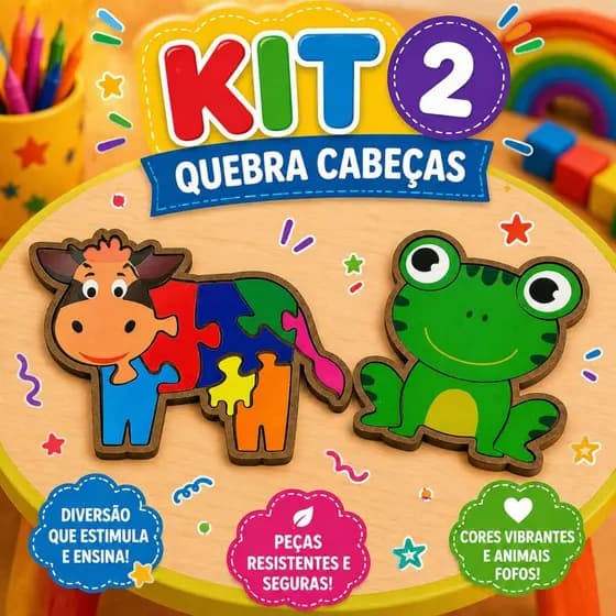 Kit 2 Quebra-Cabeças Infantil Educativos Pedagógico em MDF Vaca e Sapo