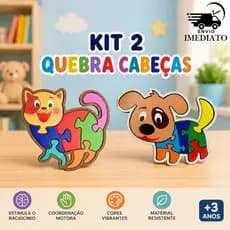 Kit 2 Quebra Cabeças Educativos Pedagógico Infantil em MDF Cachorro e Gato