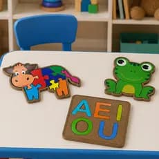 Kit 3 Quebra Cabeças Infantil Educativo MDF Brinquedo Pedagógico Infantil Vaca Sapo e Vogais