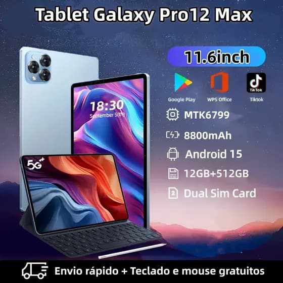 【Teclado e mouse gratuitos】Tablet Galaxy Pro12 Max 12 GB + 512 GB 11,6 polegadas 8800 mAh Android 5G Bluetooth Desconto
