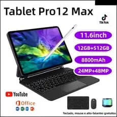 【Teclado e mouse grátis】Tablet  Pro12 Max 12 GB + 512 GB, 11,6 polegadas, HD, bateria de 8.800 mAh, com alto-falan