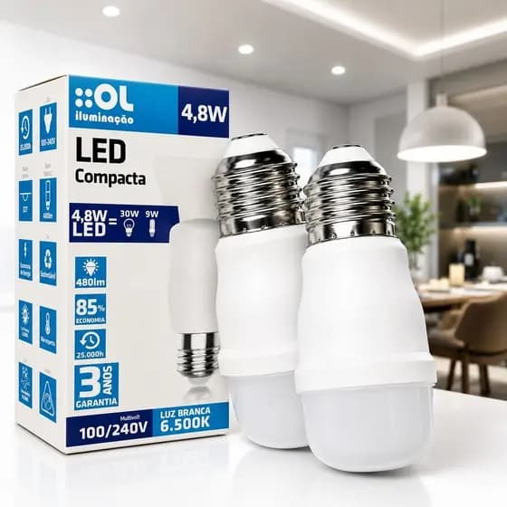 Kit com 2 Lâmpadas LED Compacta 4,8W E27 Luz Branca 6500K Bivolt Econômica Alta Durabilidade | Envio Imediato