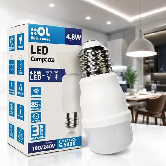 Lâmpada LED Compacta 4,8W E27 Luz Branca 6500K Bivolt Econômica Alta Durabilidade | Envio Imediato