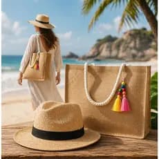Bolsa de Praia Feminina Grande com Alça de Corda + Chapéu Kit Verão Resistente - Envio Imediato