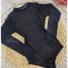 Body De Tule Feminino Gola Alta Forro Duplo Manga Longa Segunda Pele Transparente Casual Elegante