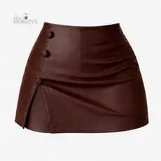 Short Saia Feminino Courino Cintura Alta com Botões Encapados e Fenda Lateral Elegante Moda Blogueira Inverno 2026 Tendê