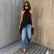 Blusa Feminina Frente Única com Renda Assimétrica Elegante Moda Inverno 2026 Tendência Pinterest Blogueira Chic