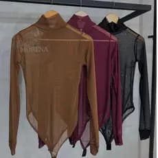 Kit 3 Peças Body De Tule Feminino Gola Alta Forro Duplo Manga Longa Segunda Pele Transparente Casual Elegante
