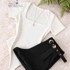 Conjunto Elegante Short Alfaiataria Com Cinto Encapado + Body Com Manga Decote Quadrado Elegante  Moda Feminina