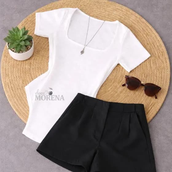 Conjunto Feminino Casual Body Suplex + Short de Alfaiateria Cintura Alta com Bolso Chic Essencial
