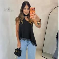 Blusa Bata Feminina Assimétrica com Renda  Elegante Chic