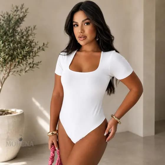 Body Feminino Suplex Decote Quadrado Manga Curta Modelador Casual Elegante Tendência Inverno Junho