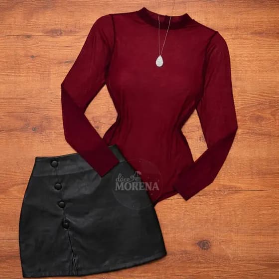 Conjunto Elegante Body Transparente de Tule +Short Saia de Couro Cintura  Alta Elegante Chic para Mulheres
