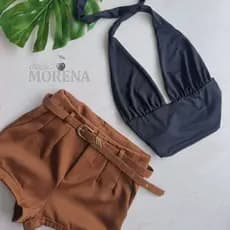 Conjunto Elegante Short Alfaiataria Com Cinto + Top Cropped Gringa MultiFormas Amarração Decote Elegante  Moda Feminina