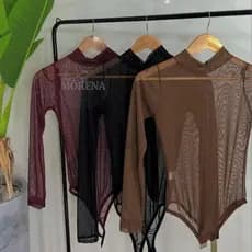 Kit 3 Peças Body De Tule Feminino Gola Alta Forro Duplo Manga Longa Segunda Pele Transparente Elegante Chic