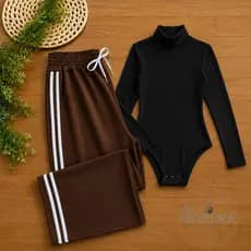 Conjunto Feminino Body Gola Alta Manga Longa + Calça Pantalona Wide Leg Com Listra Lateral Moda Inverno 2026 Elegante