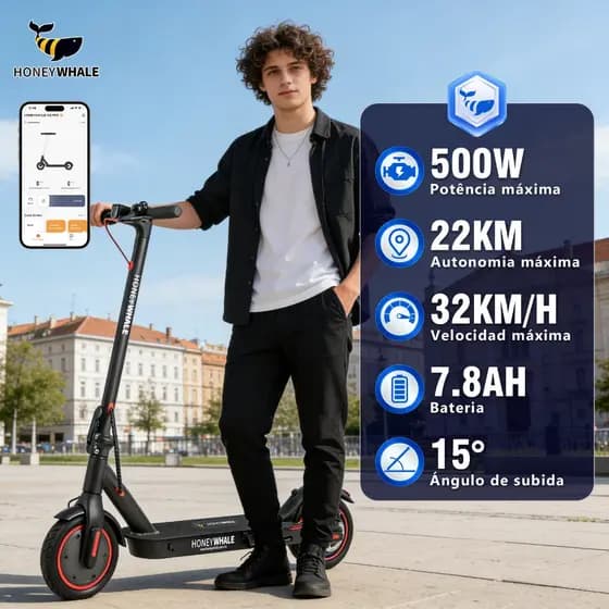 HONEYWHALE 500W Patinete Elétrico Scooter, Velocidade 32KM/H, 22KM Autonomia, App Bluetooth