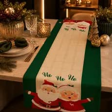 Trilho de Mesa Decorativo Natalino Estampa Sofisticada 110x35cm Exclusivo Papai e Mamãe Noel ho ho