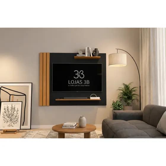 Painel para Tv's até 40 Polegadas Ripado com Prateleiras Preto Madeirado