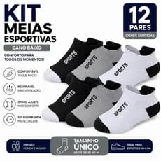 Kit 12 Pares Meias Esportivas Cano Baixo Tamanho Único Cores Sortidas Confortáveis Academia Corrida Dia a Dia