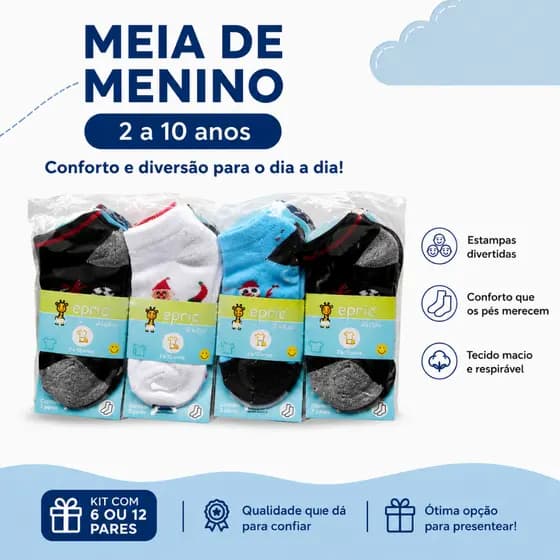 Kit 12 Pares de Meias Infantil Menino Algodão Confortável 2-4 | 4-6 | 8-10 Anos