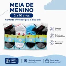 Kit 12 Pares de Meias Infantil Menino Algodão Confortável 2-4 | 4-6 | 8-10 Anos