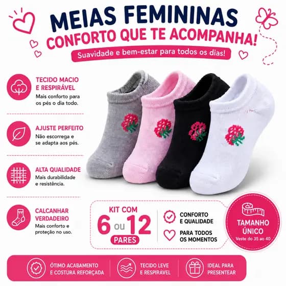 Kit 12 Pares Meia Feminina Sapatilha Cano Baixo Algodão Confortável Cores Sortidas Tamanho Único