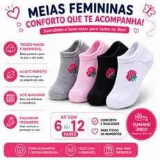 Kit 12 Pares Meia Feminina Sapatilha Cano Baixo Algodão Confortável Cores Sortidas Tamanho Único